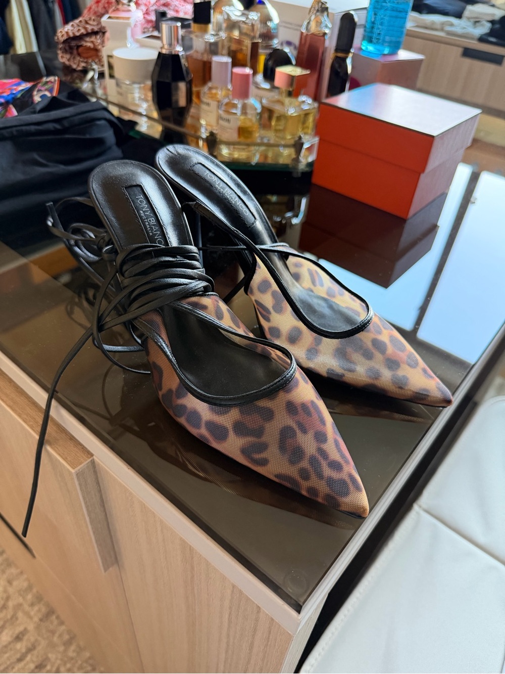 Tony Bianco Leopard Print Pointed Toe Lace-Up Heels with Black Trim